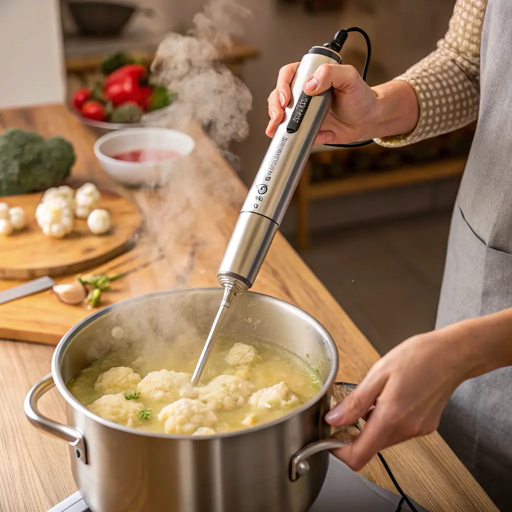Blending roasted cauliflower and garlic soup until smooth