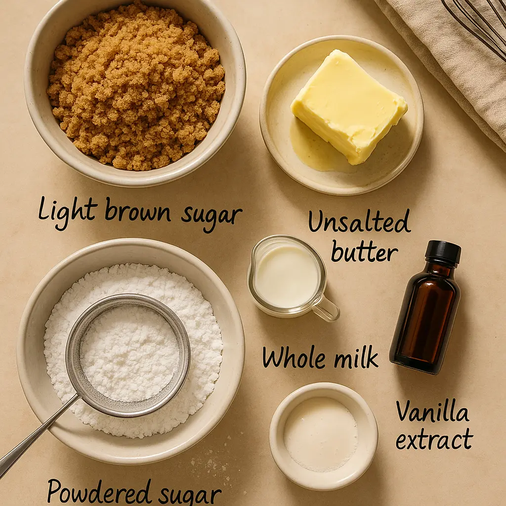 labeled flat lay of caramel frosting ingredients for homemade cake
