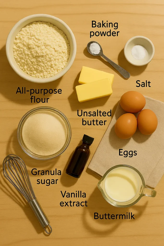 labeled flat lay of caramel cake ingredients for cake layers