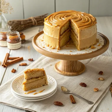 Southern caramel cake with homemade frosting on rustic cake stand