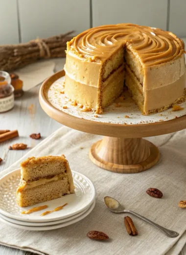 Southern caramel cake with homemade frosting on rustic cake stand