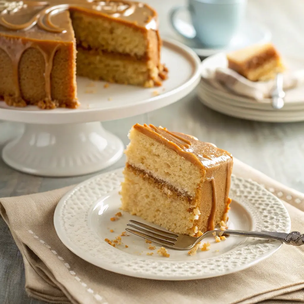 single slice of caramel cake with thick frosting served on a dessert plate