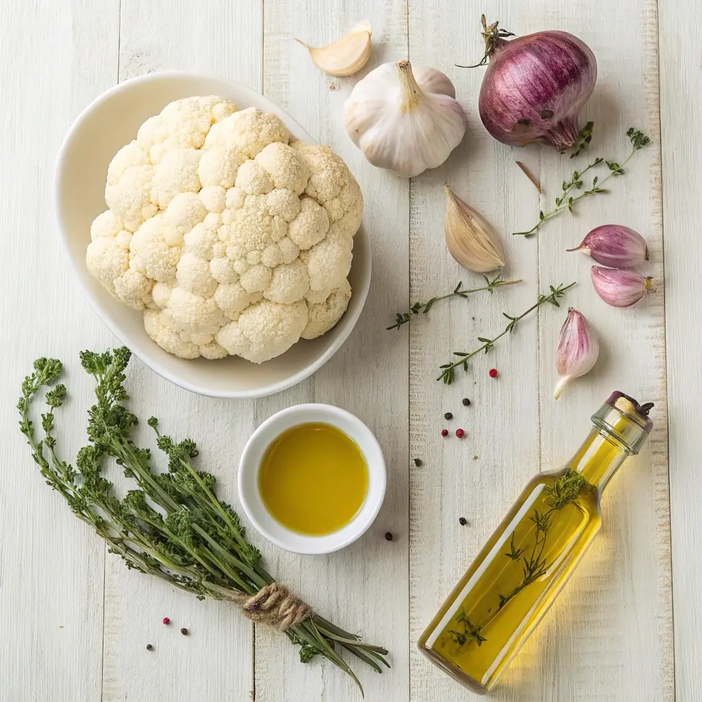 Fresh ingredients for homemade roasted cauliflower garlic soup
