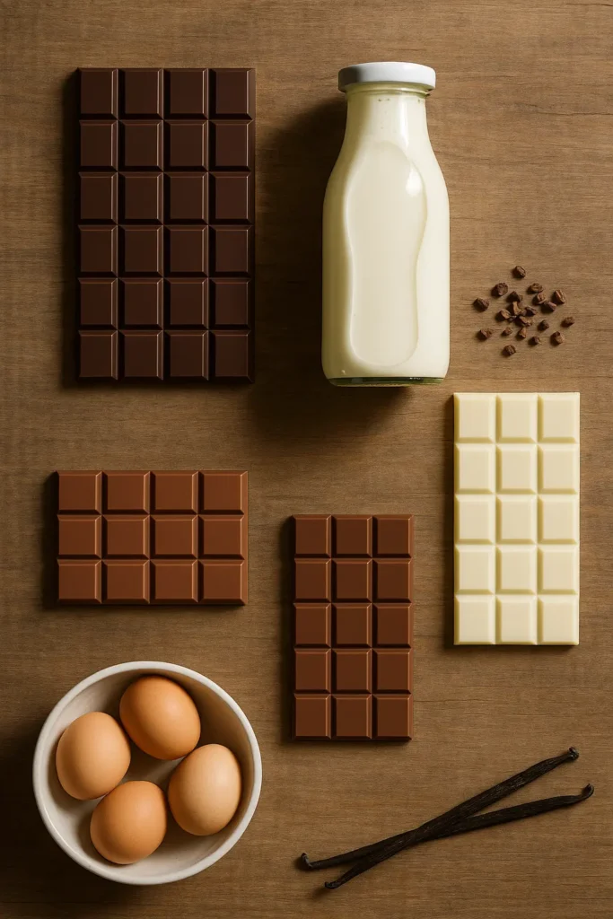 Ingredients for triple chocolate mousse Recipe on wooden table