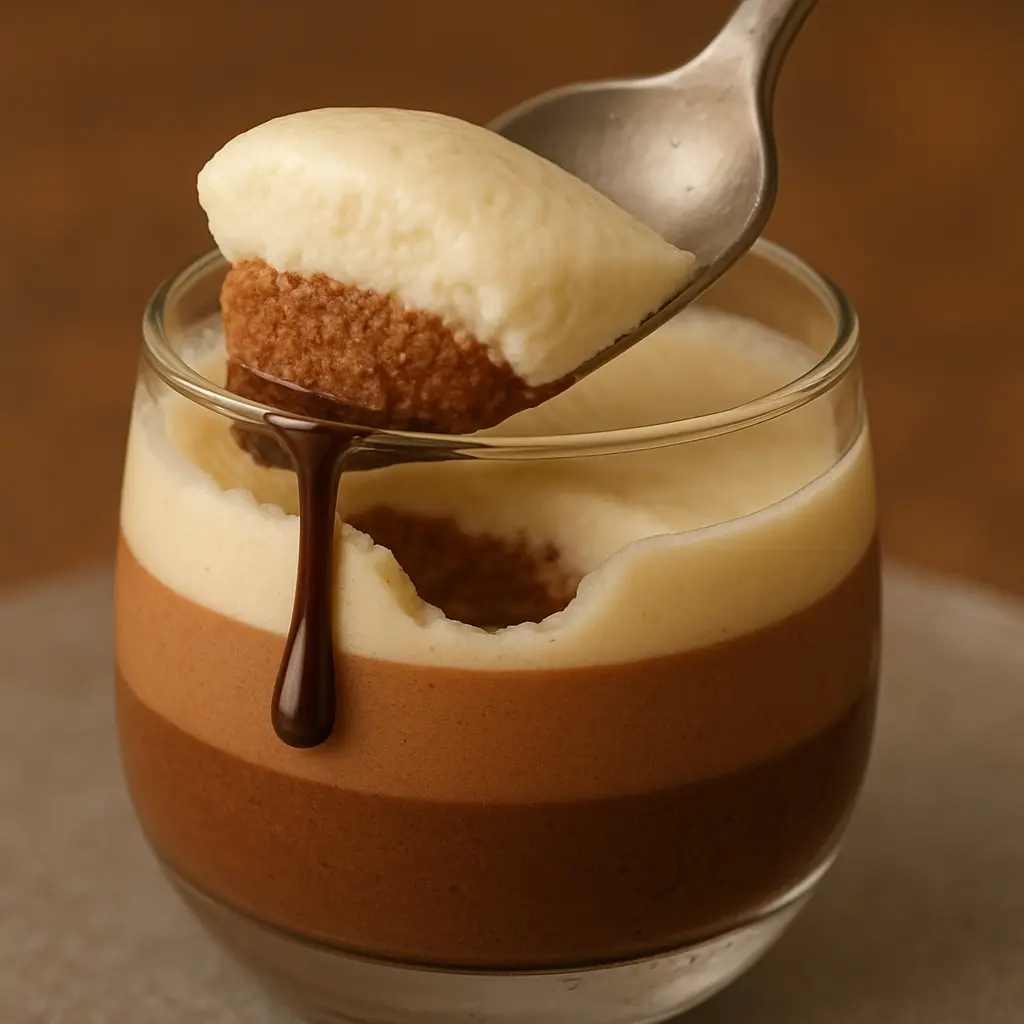 Close-up of triple chocolate mousse layers