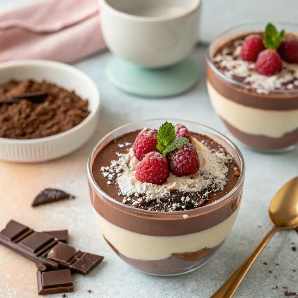 Triple chocolate mousse with raspberries and mint garnish