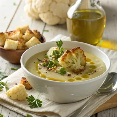 Creamy roasted cauliflower and garlic soup in a bowl with garnishes