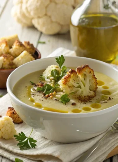 Creamy roasted cauliflower and garlic soup in a bowl with garnishes