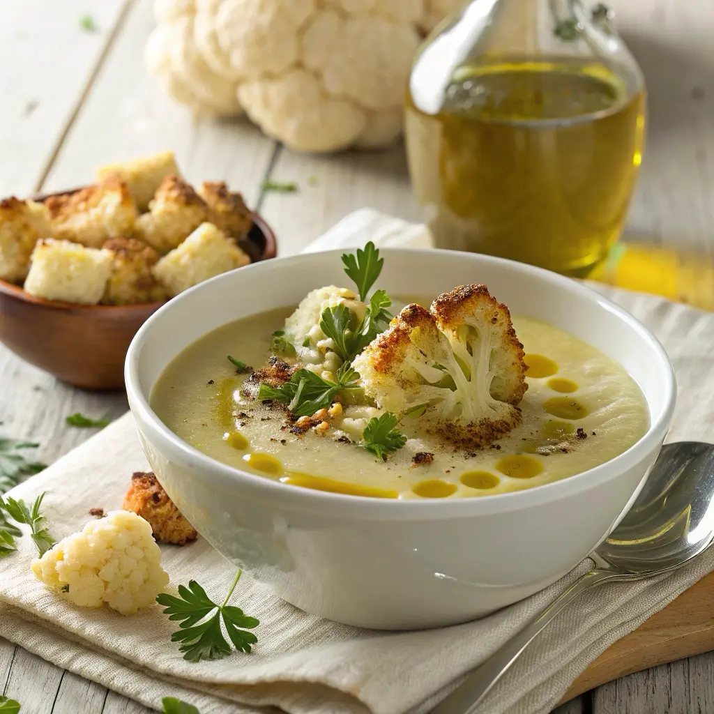 Creamy roasted cauliflower and garlic soup in a bowl with garnishes