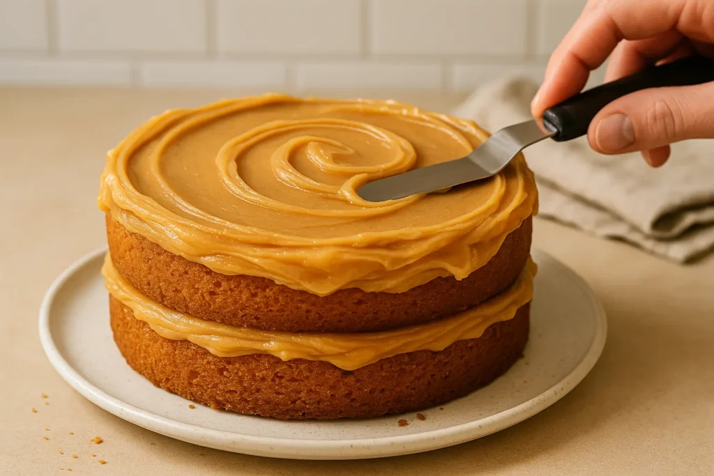 close-up of frosting caramel cake with glossy caramel icing