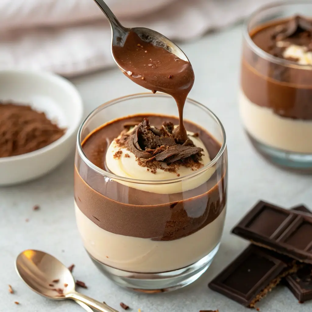 Pouring milk chocolate mousse layer over dark chocolate laye