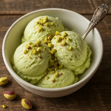 Homemade pistachio ice cream served in a rustic bowl
