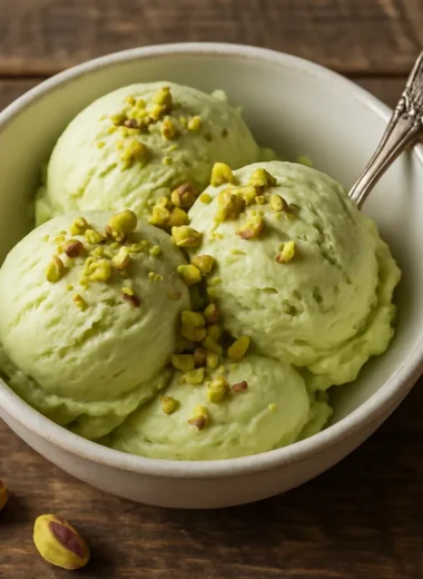 Homemade pistachio ice cream served in a rustic bowl