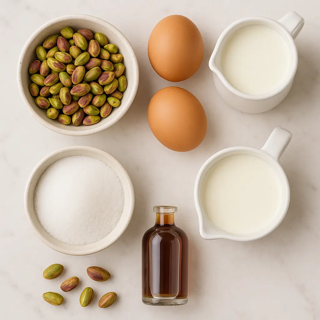 Flat lay of pistachio ice cream recipe ingredients