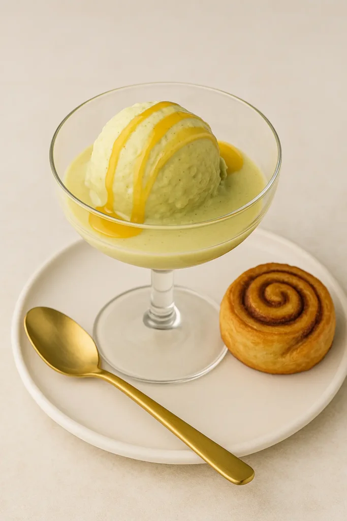 Pistachio ice cream recipe served with cinnamon roll