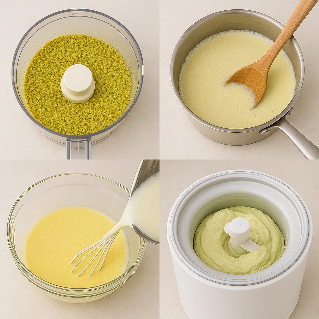 Four-step process of making pistachio ice cream recipe from scratch