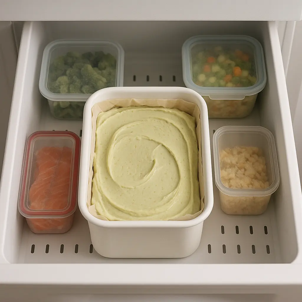 Properly stored pistachio ice cream in container