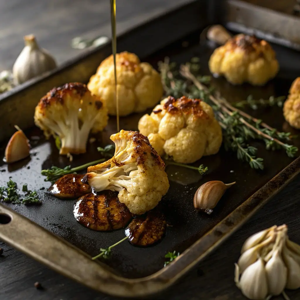 Roasted cauliflower and garlic on tray for soup base