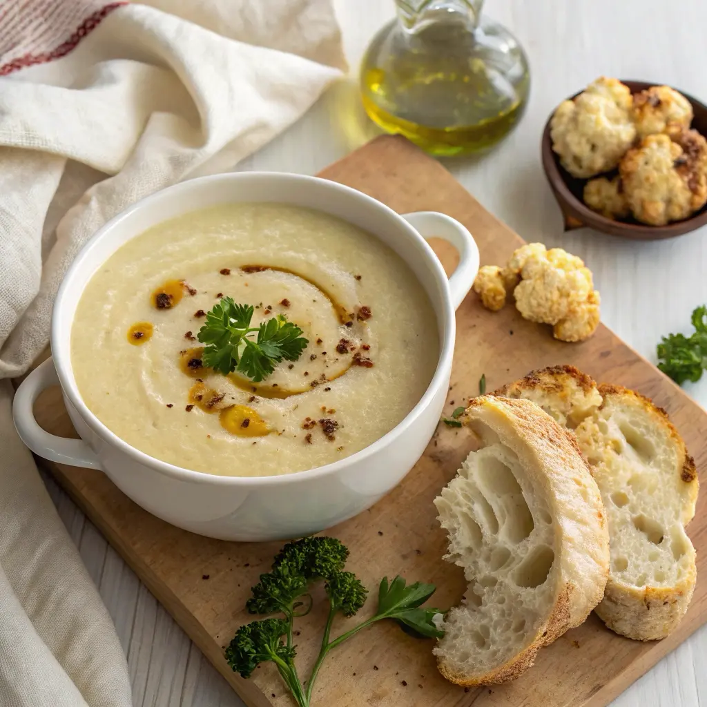 Creamy cauliflower garlic soup served with crusty bread