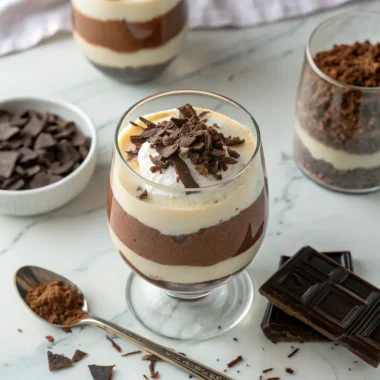 Creamy triple chocolate mousse Recipe in glass with chocolate shavings