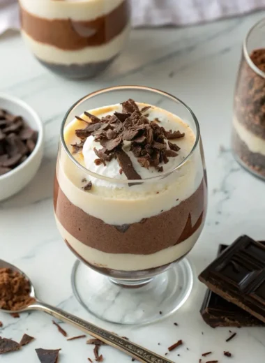 Creamy triple chocolate mousse Recipe in glass with chocolate shavings