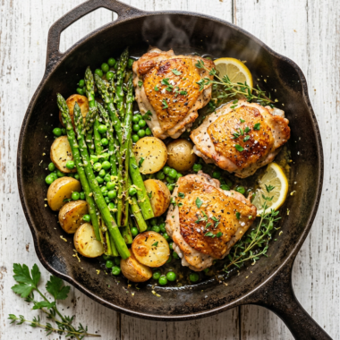 30 minute spring dinner with pan-seared chicken thighs, asparagus, baby potatoes and peas in cast iron skillet