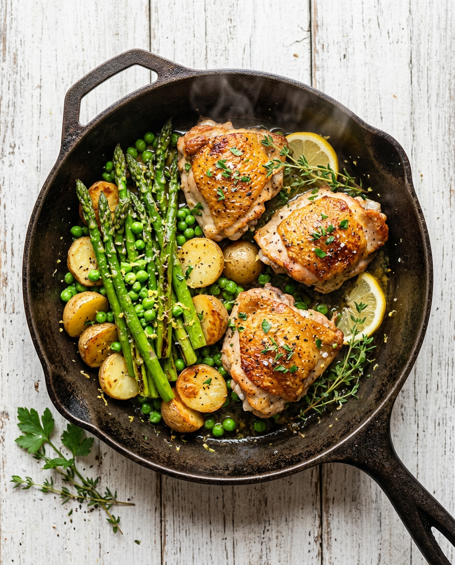 30 minute spring dinner with pan-seared chicken thighs, asparagus, baby potatoes and peas in cast iron skillet