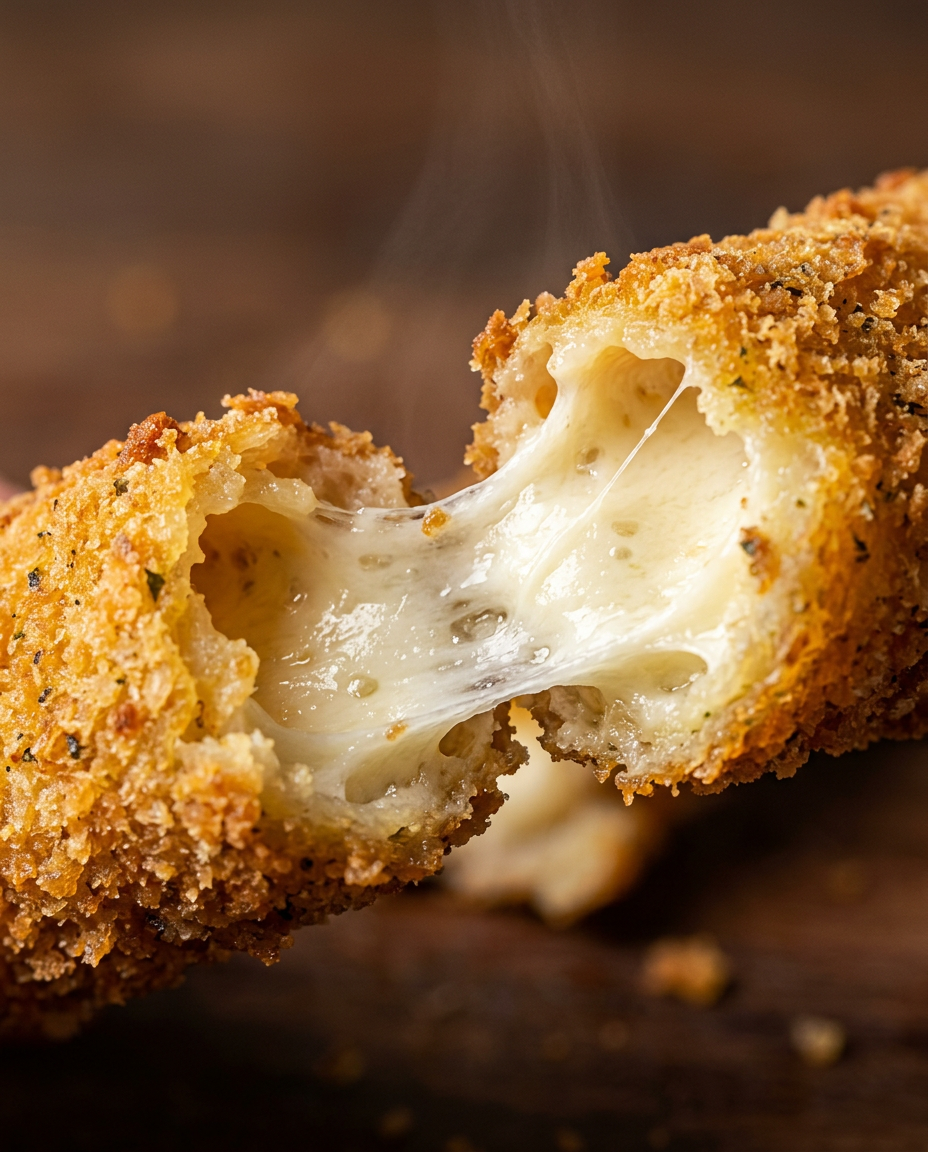Close-up showing the texture and inside of The Ultimate Baked Mozzarella Sticks Recipe