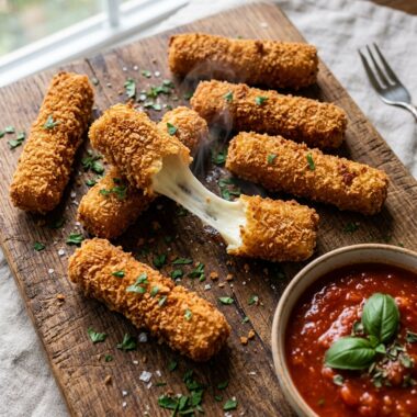 Crispy golden baked mozzarella sticks with melted cheese pull and marinara sauce on wooden board