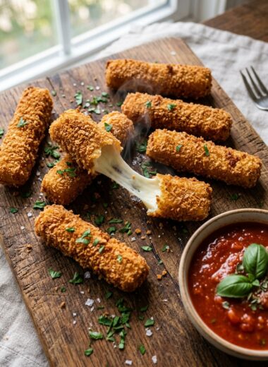 Crispy golden baked mozzarella sticks with melted cheese pull and marinara sauce on wooden board