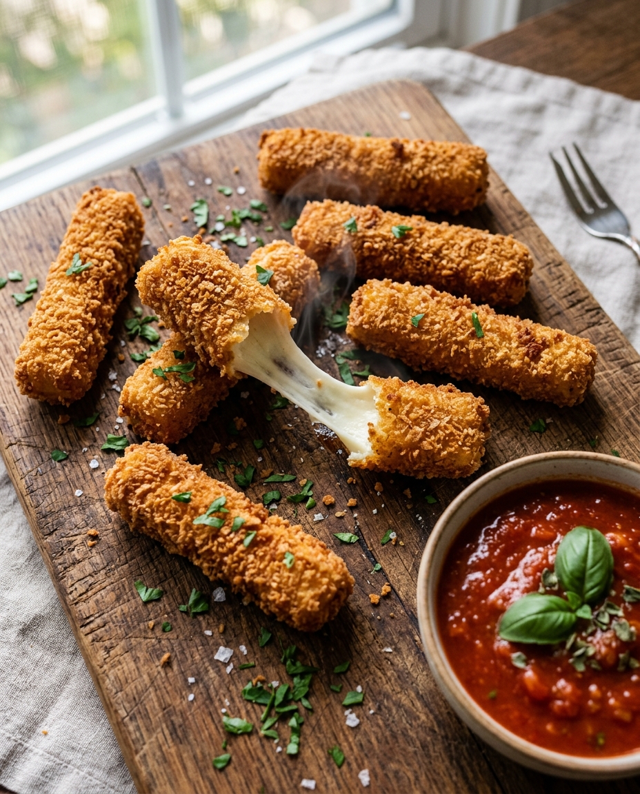 Crispy golden baked mozzarella sticks with melted cheese pull and marinara sauce on wooden board