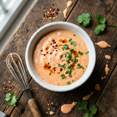 Homemade bang bang sauce in white bowl with creamy peachy-pink color and garnish