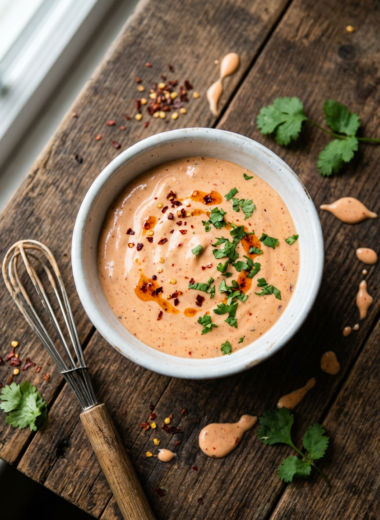 Homemade bang bang sauce in white bowl with creamy peachy-pink color and garnish