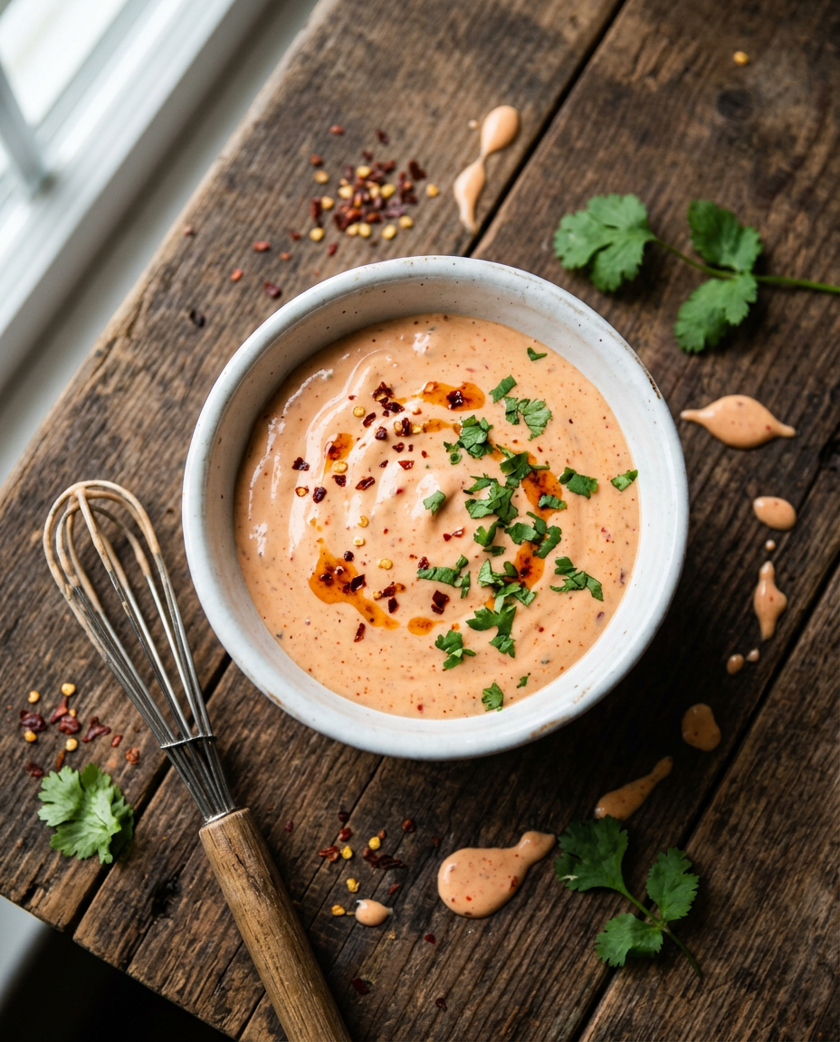 Homemade bang bang sauce in white bowl with creamy peachy-pink color and garnish