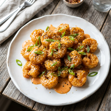 Crispy golden bang bang shrimp coated in creamy spicy sauce on white plate, garnished with green onions