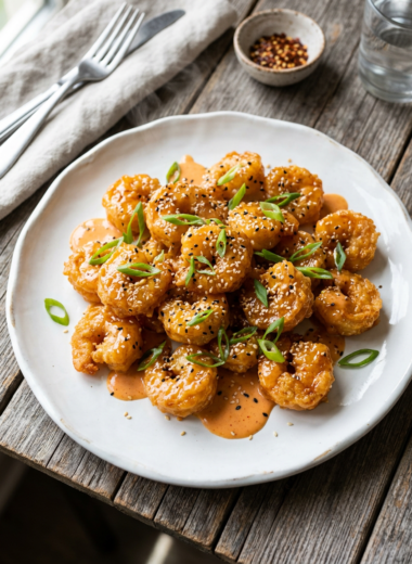Crispy golden bang bang shrimp coated in creamy spicy sauce on white plate, garnished with green onions