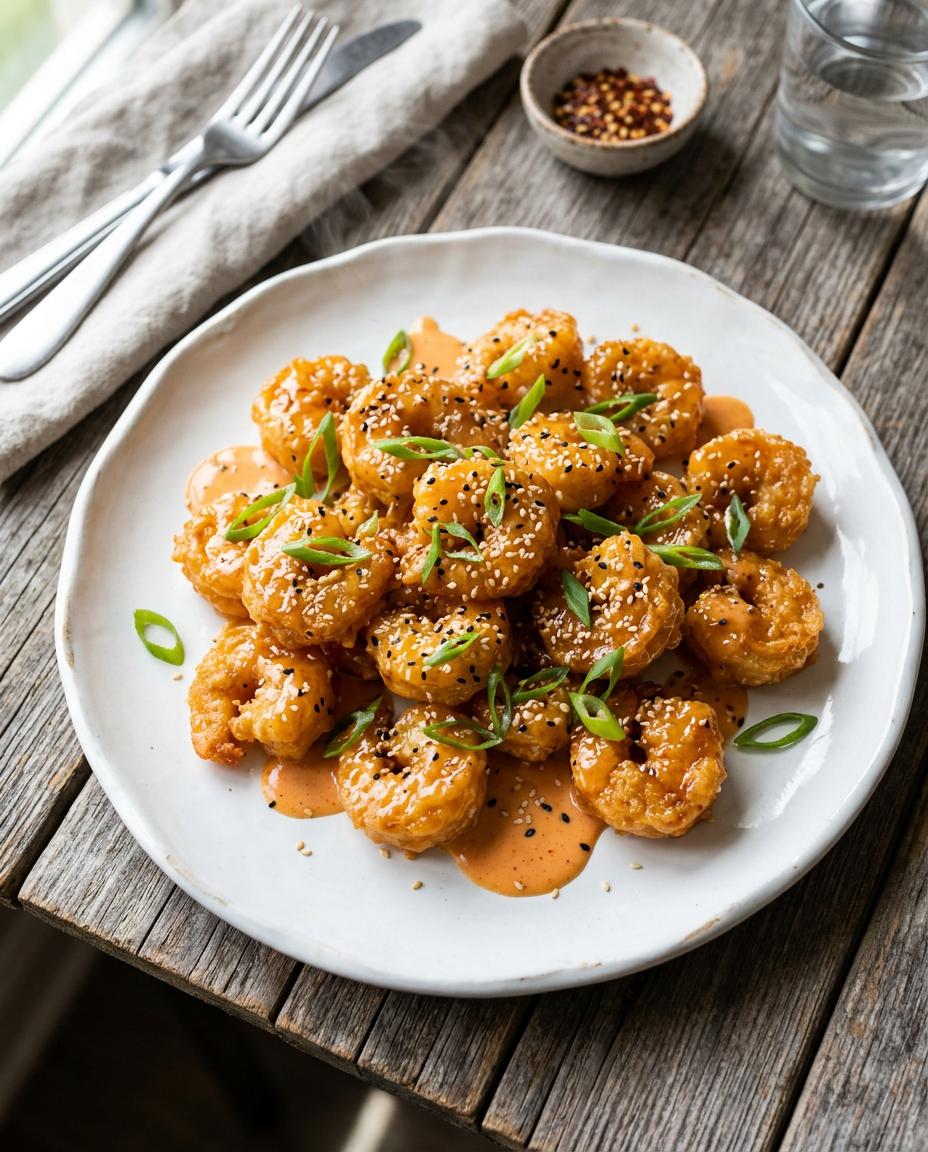 Crispy golden bang bang shrimp coated in creamy spicy sauce on white plate, garnished with green onions