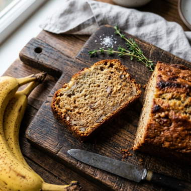 Slice of moist golden banana bread on wooden board - best banana bread recipe