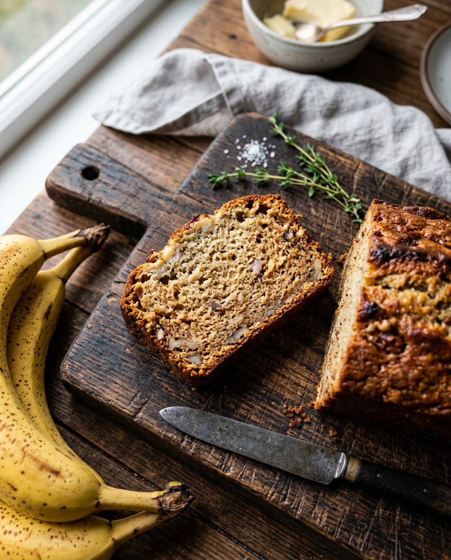 Slice of moist golden banana bread on wooden board - best banana bread recipe
