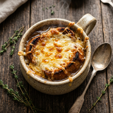 Restaurant-style French onion soup with bubbling Gruyère cheese topping in rustic ceramic bowl