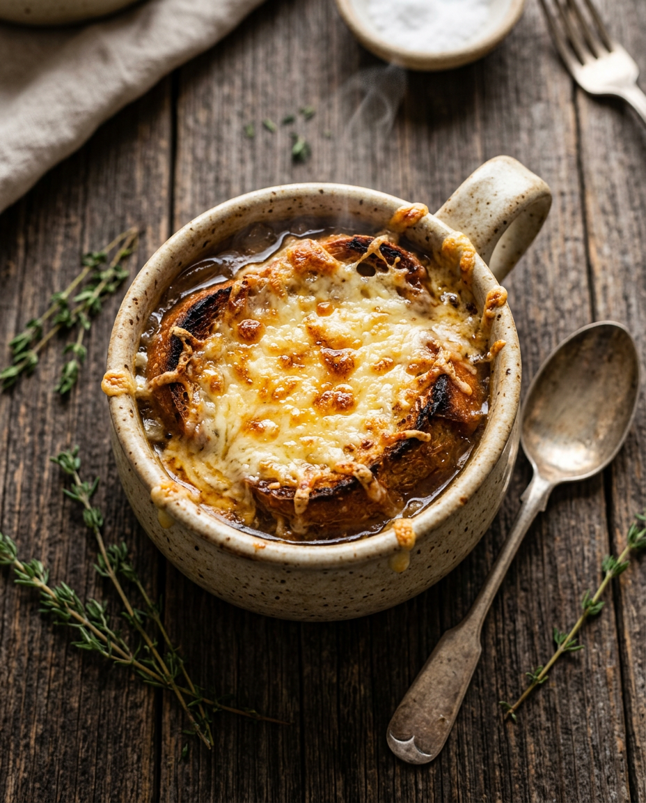 Restaurant-style French onion soup with bubbling Gruyère cheese topping in rustic ceramic bowl