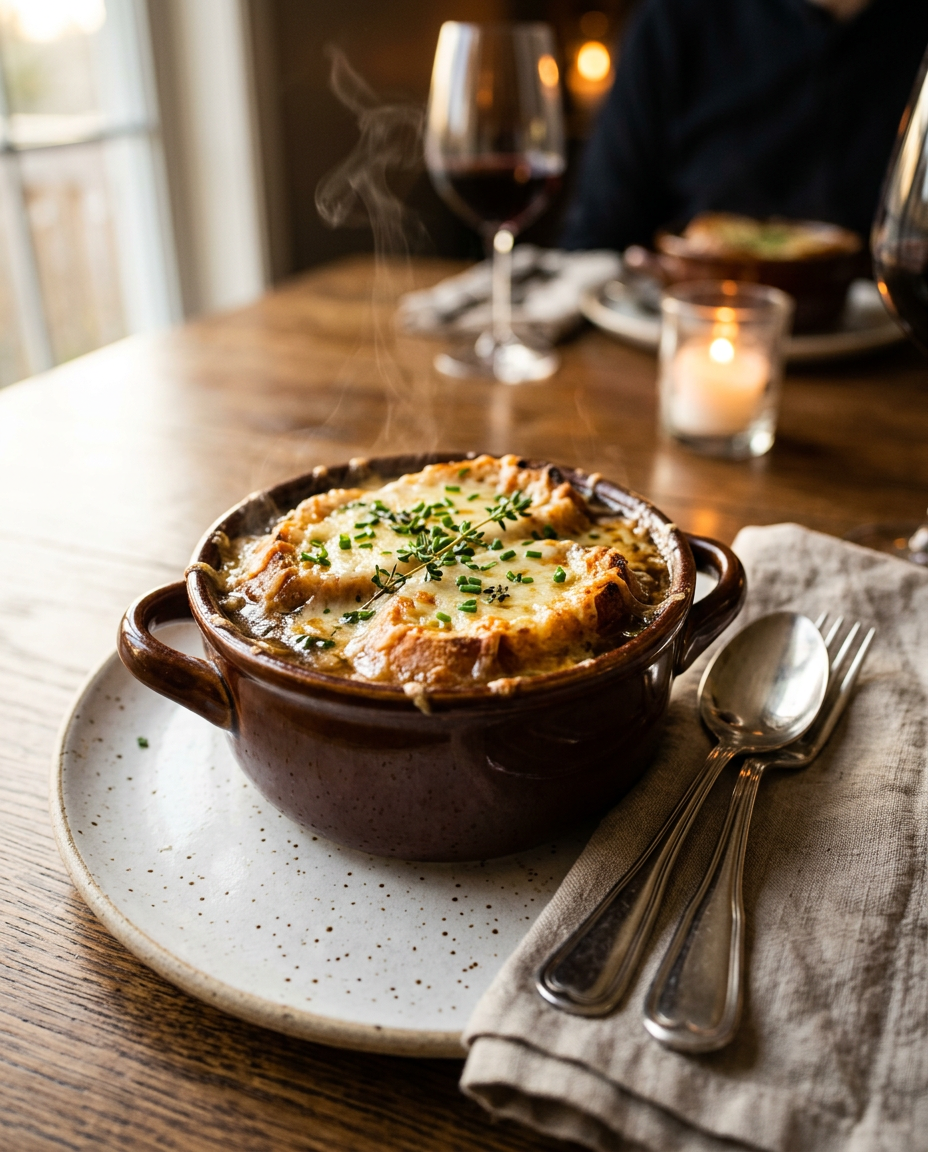 Best Homemade French Onion Soup Recipe Restaurant Style served on a plate ready to eat