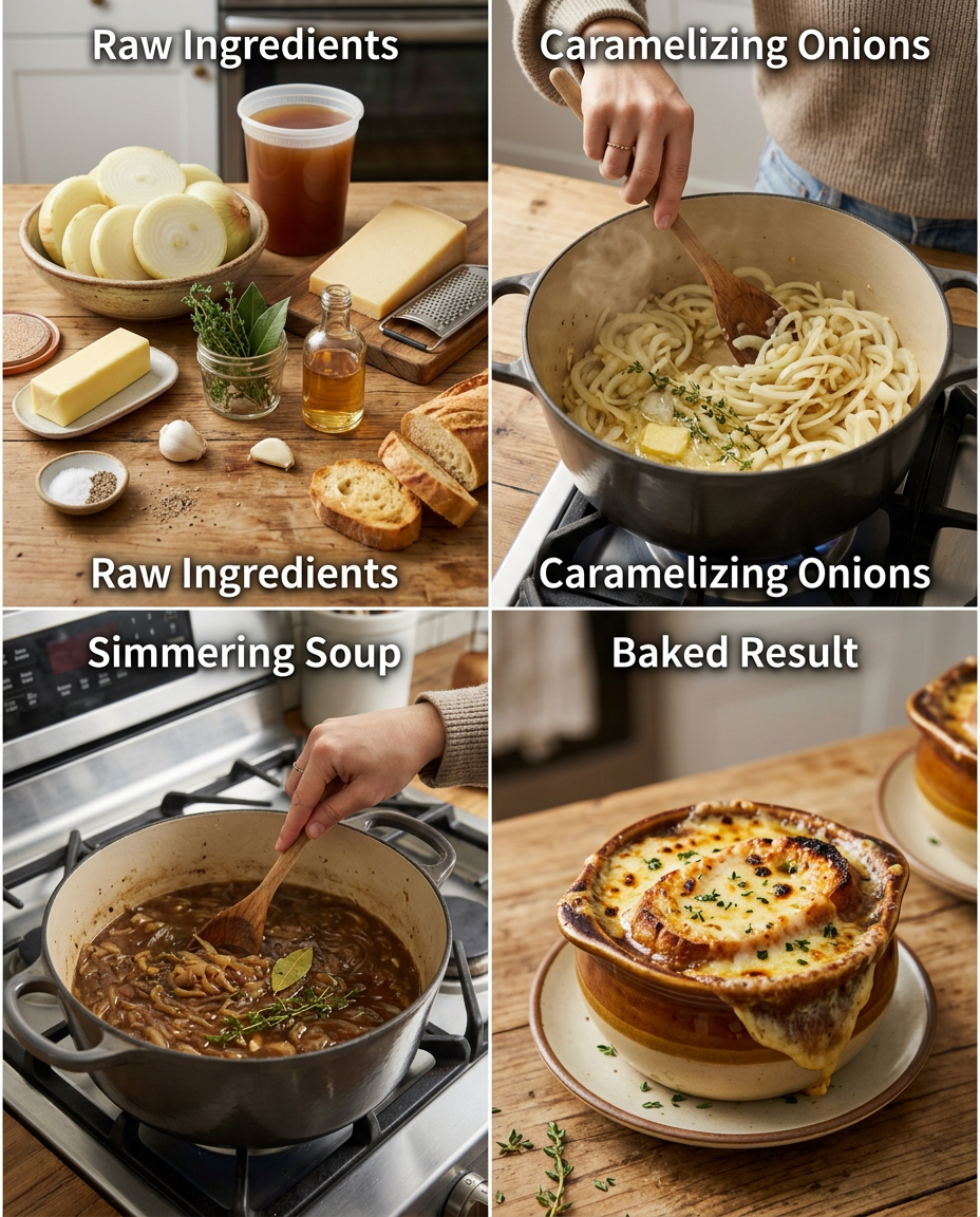 Step by step process for making Best Homemade French Onion Soup Recipe Restaurant Style