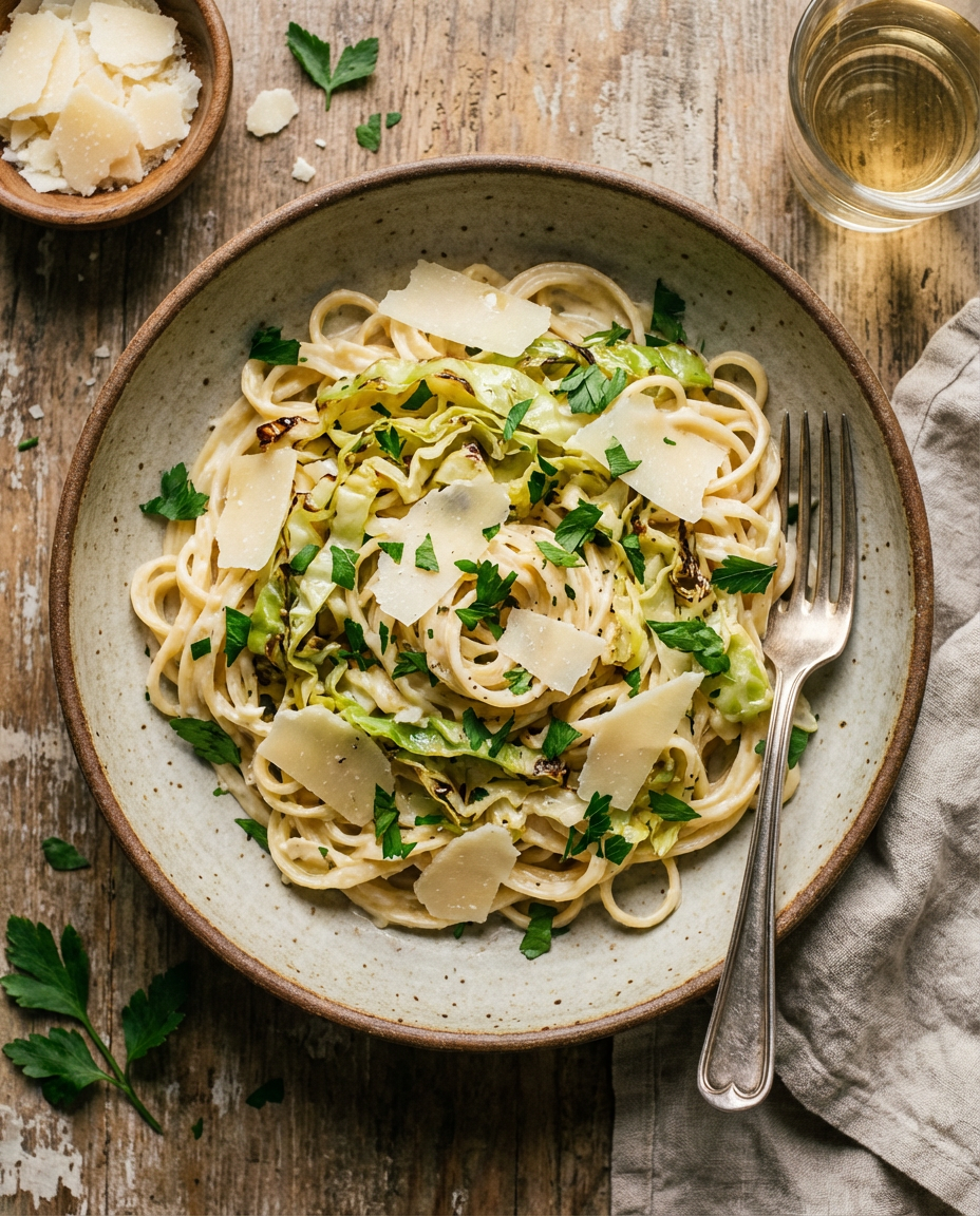 Overhead view of finished cabbage alfredo pasta dish