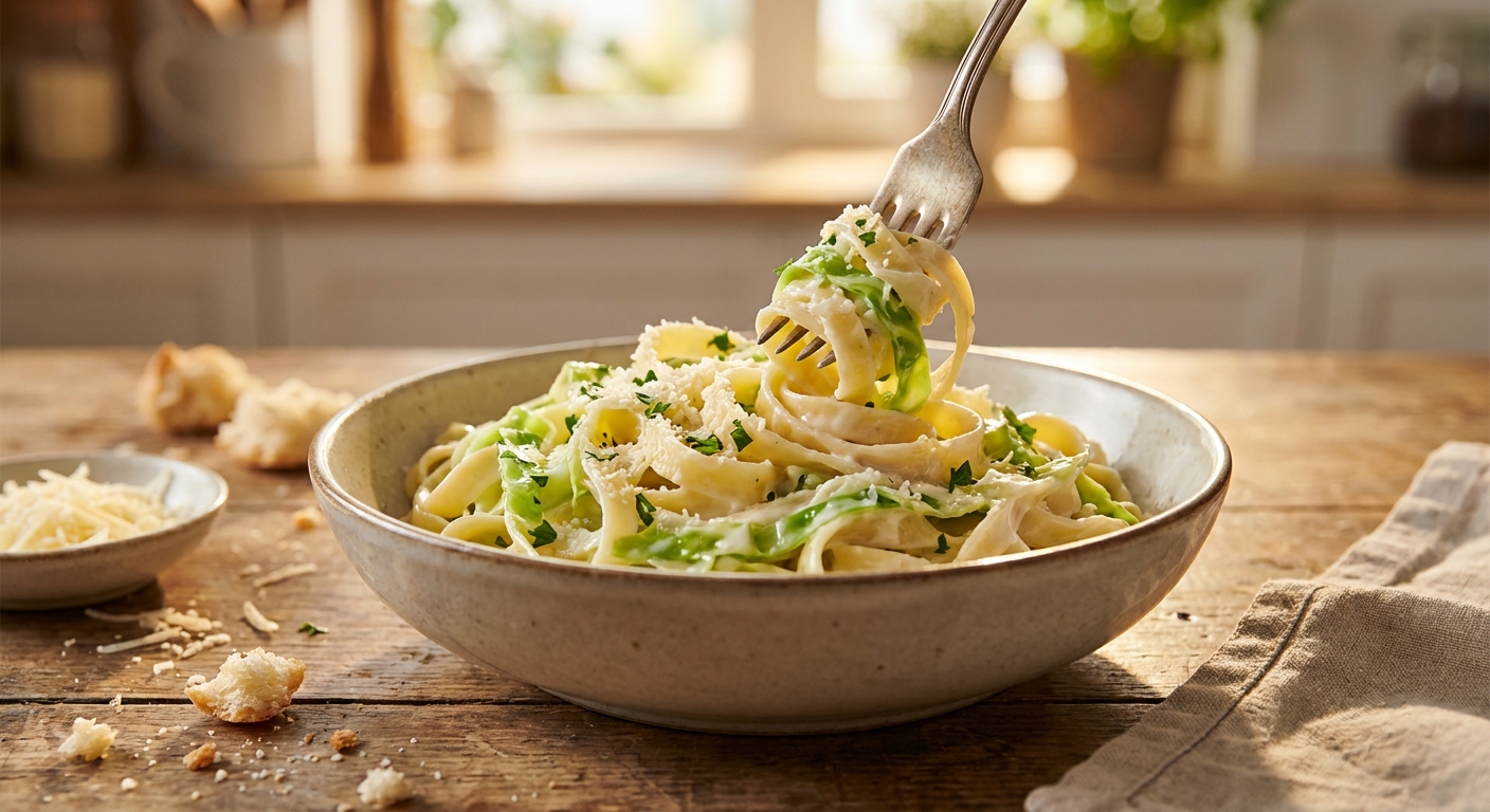 Creamy cabbage alfredo pasta in rustic bowl