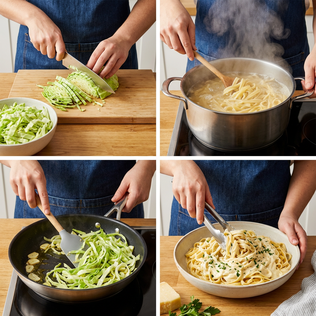 Step by step preparation of cabbage alfredo pasta