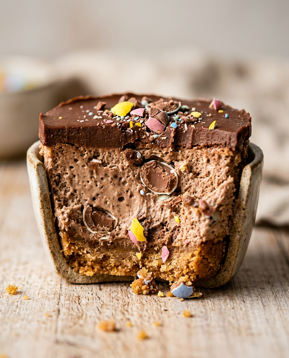 Close-up showing the texture and inside of Cadbury Egg Cheesecake Cups Recipe No Bake Easter Dessert