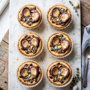No-bake Cadbury Egg Cheesecake cups with graham cracker crust and Creme Egg garnish for Easter