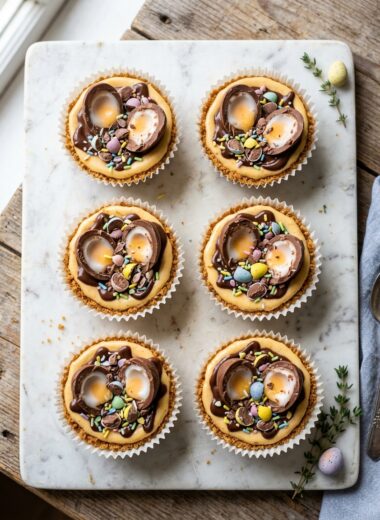 No-bake Cadbury Egg Cheesecake cups with graham cracker crust and Creme Egg garnish for Easter