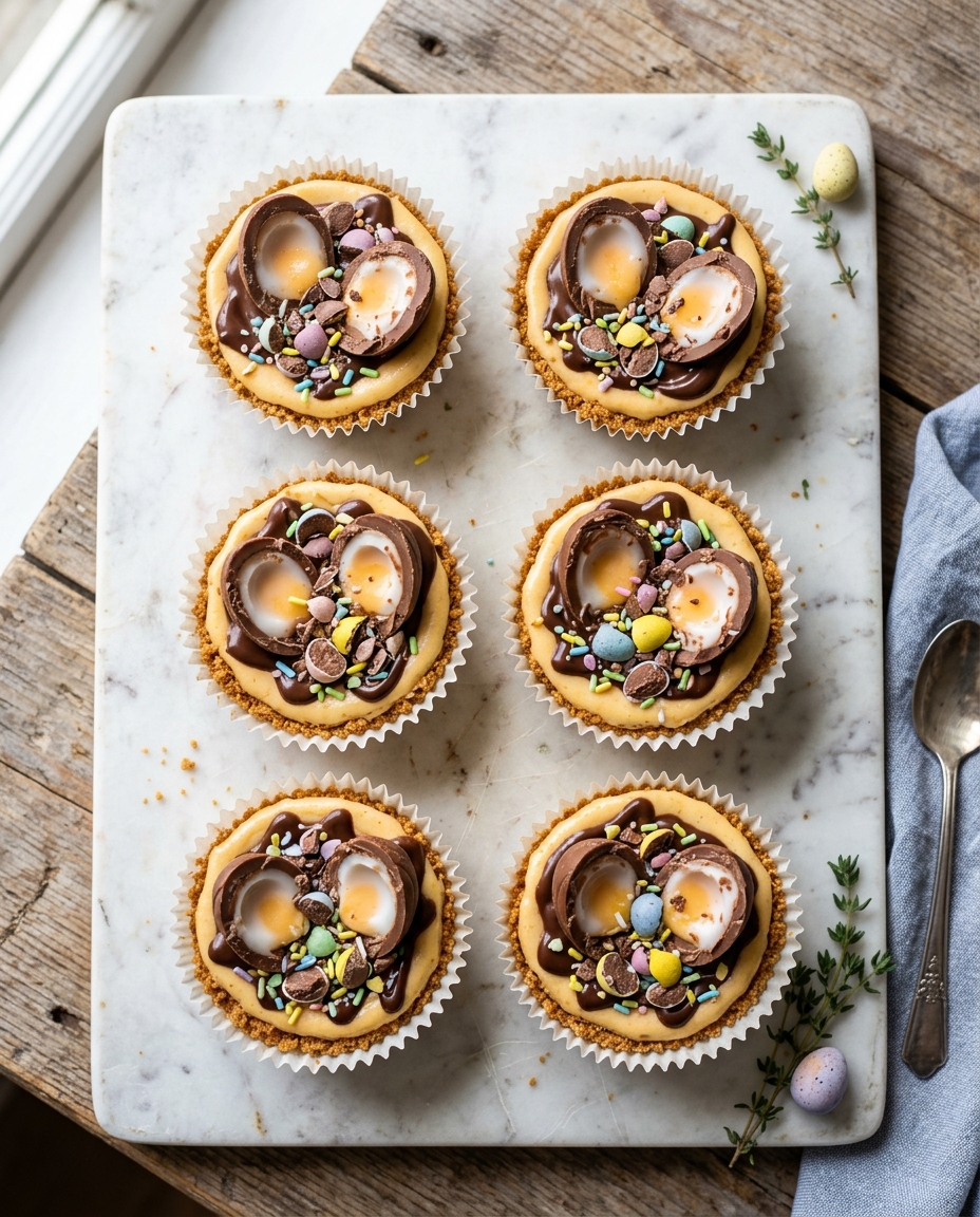 No-bake Cadbury Egg Cheesecake cups with graham cracker crust and Creme Egg garnish for Easter